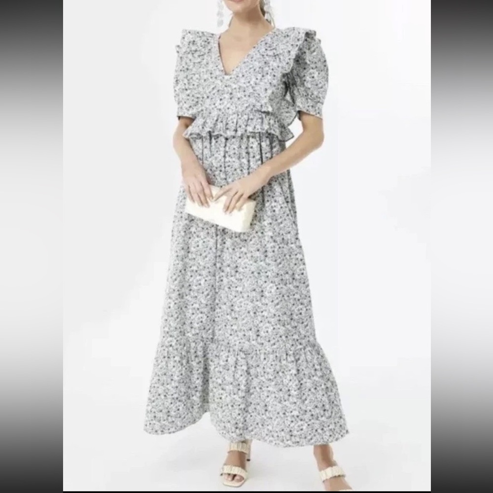 Blue Floral Puff Sleeve Meadow Midi Dress Hyacinth House